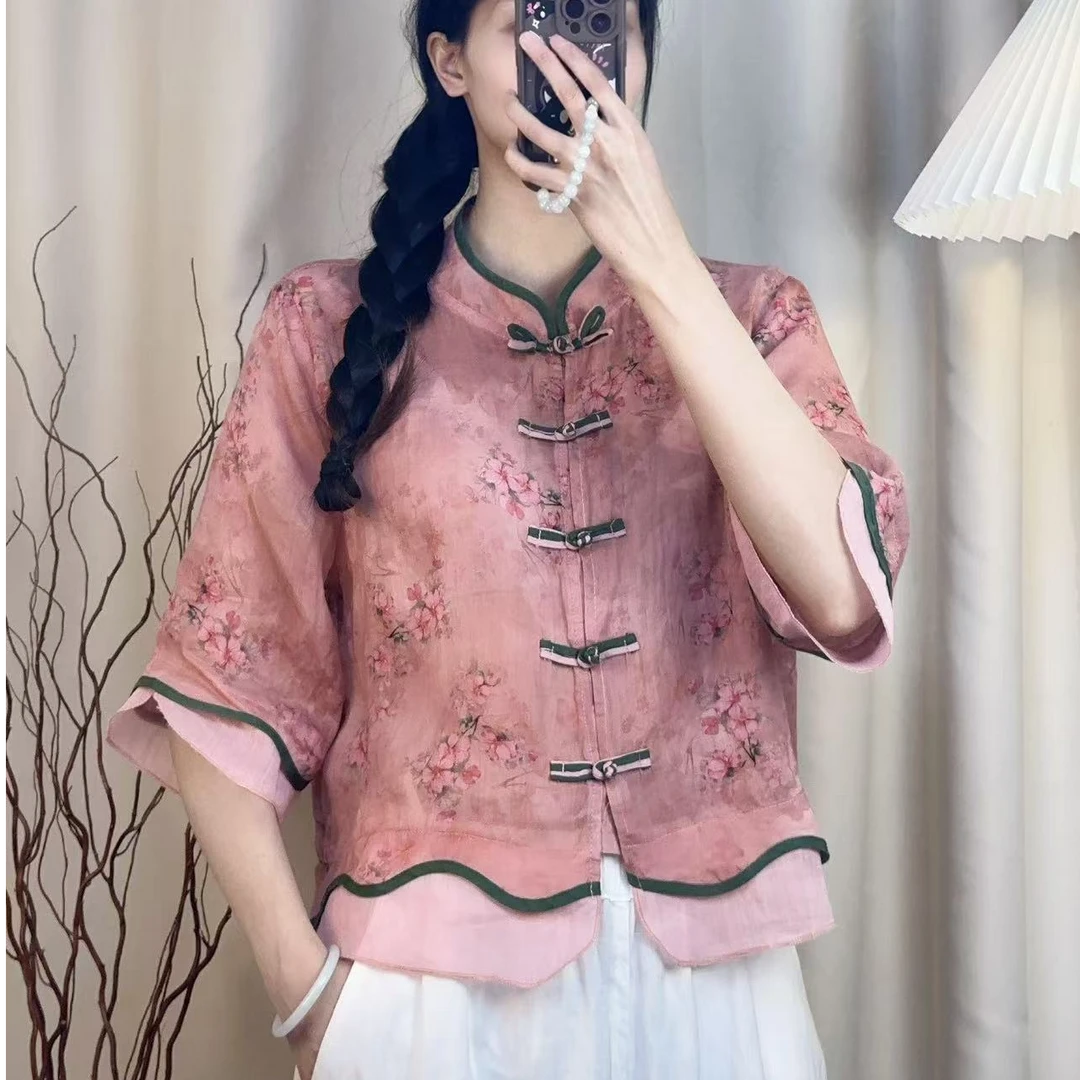 2025苎麻文艺百搭排扣印花上衣夏新立领盘扣复古女小衫