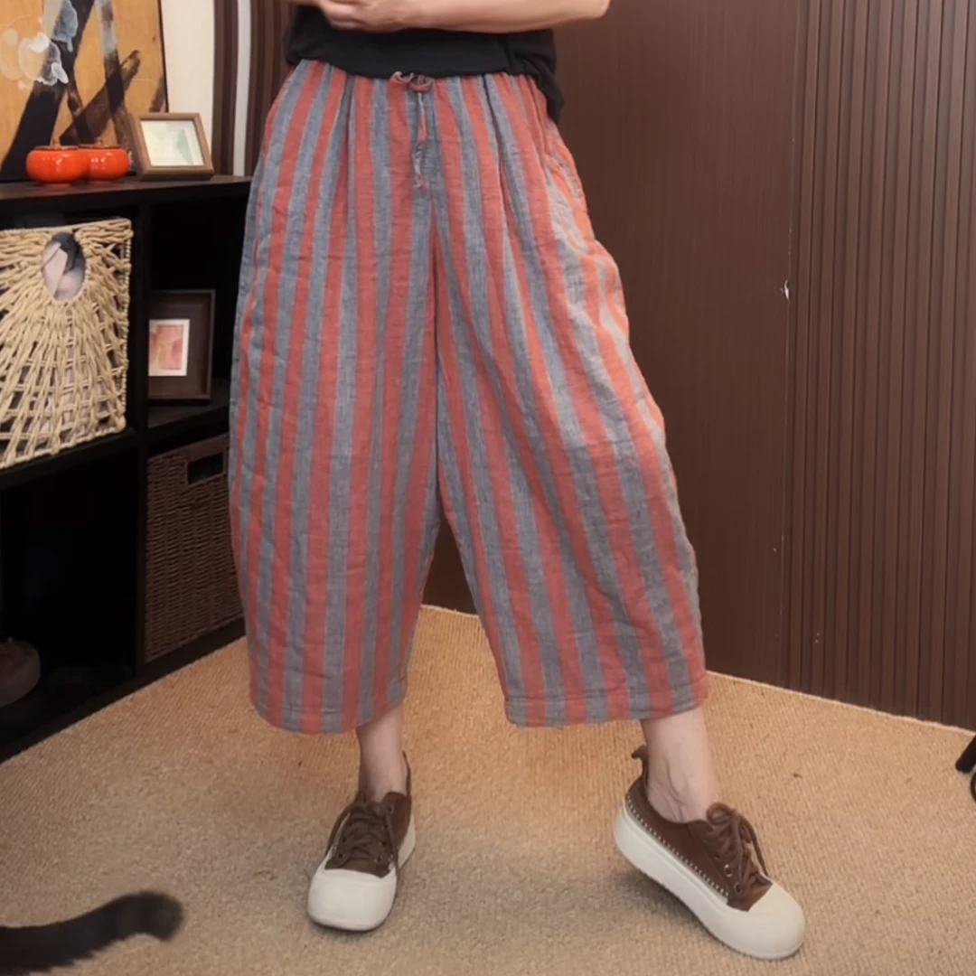C3245夏季薄款棉纱条纹休闲裤女百搭舒适透气七分裤77长度140臀围