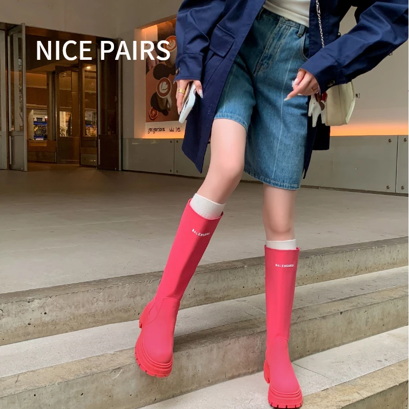 5cm头层牛皮一脚蹬松糕底圆头长筒靴