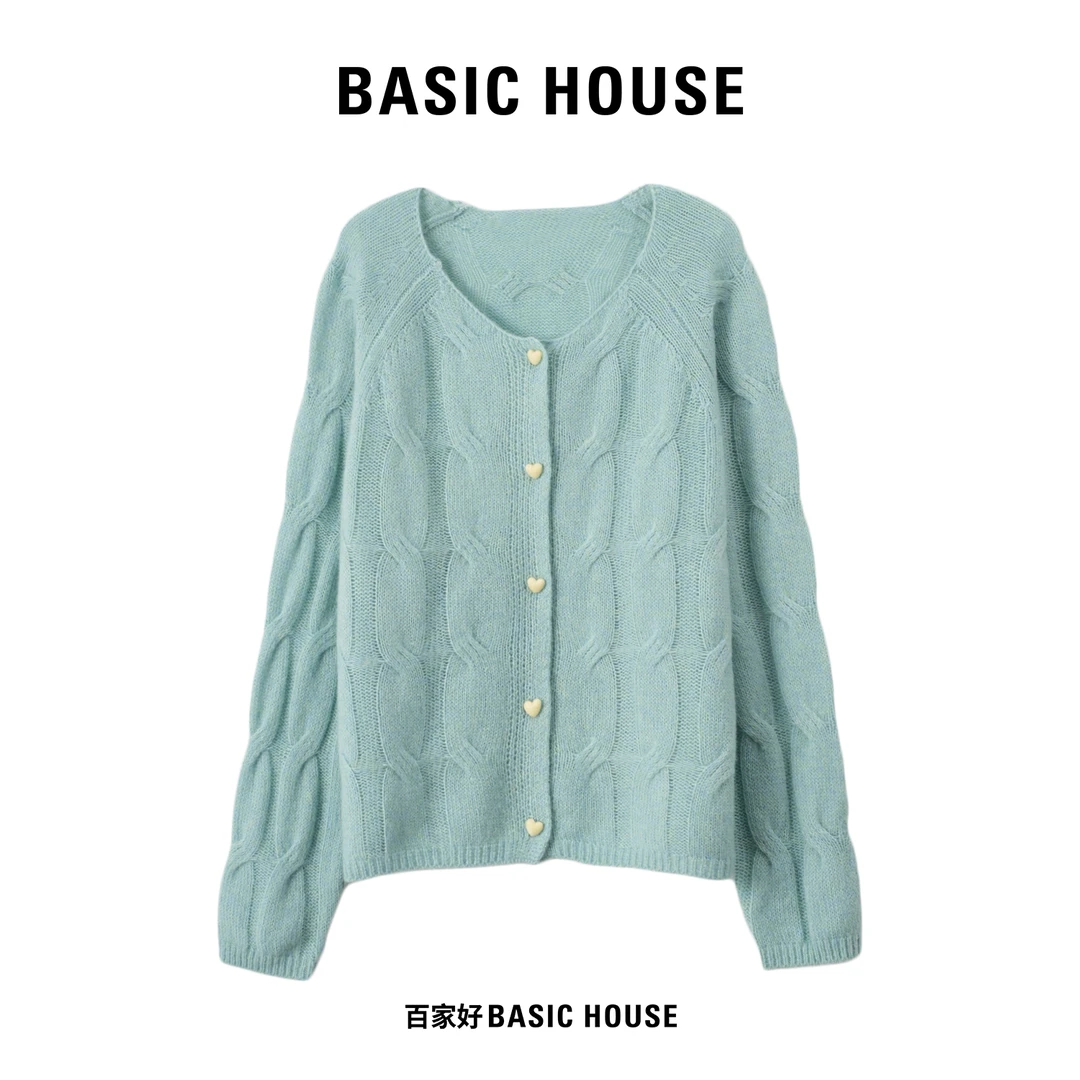 Basic House/百家好2025年秋季新绞花爱心扣法式针织衫Q092 MM