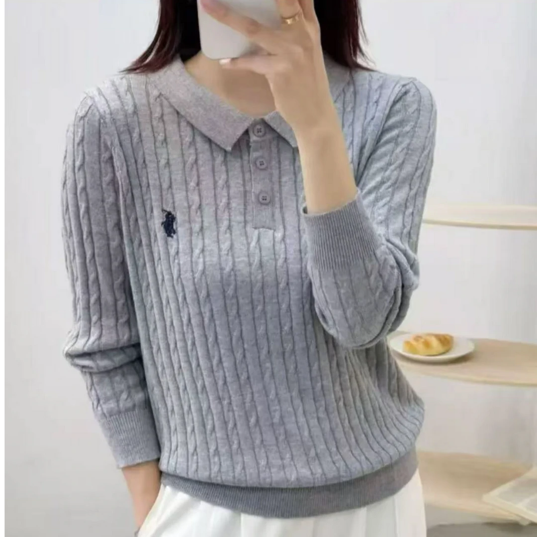 877#新款麻花秋季翻领针织衫长袖上衣