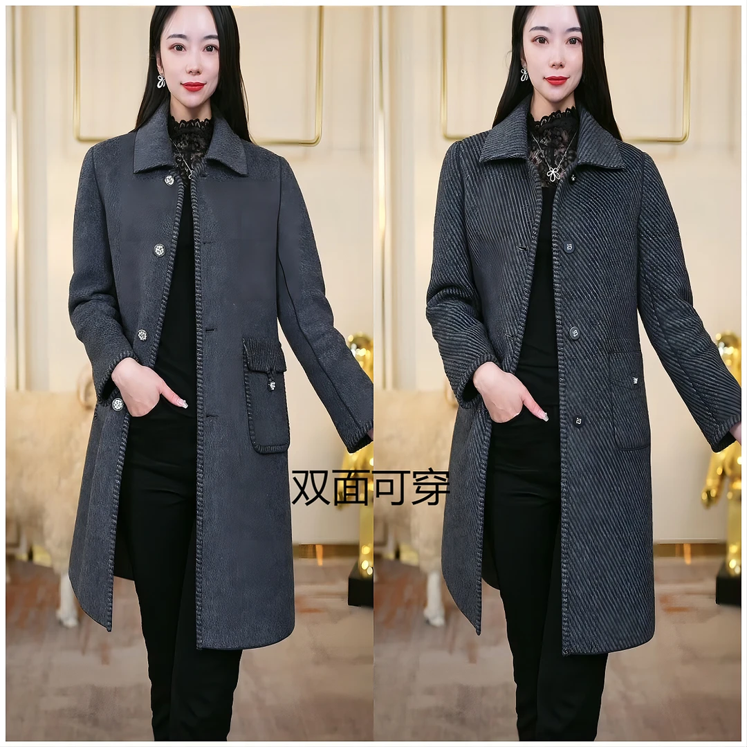 2025秋季新款双面双穿时尚羊毛大衣气质显瘦收腰毛呢外套女