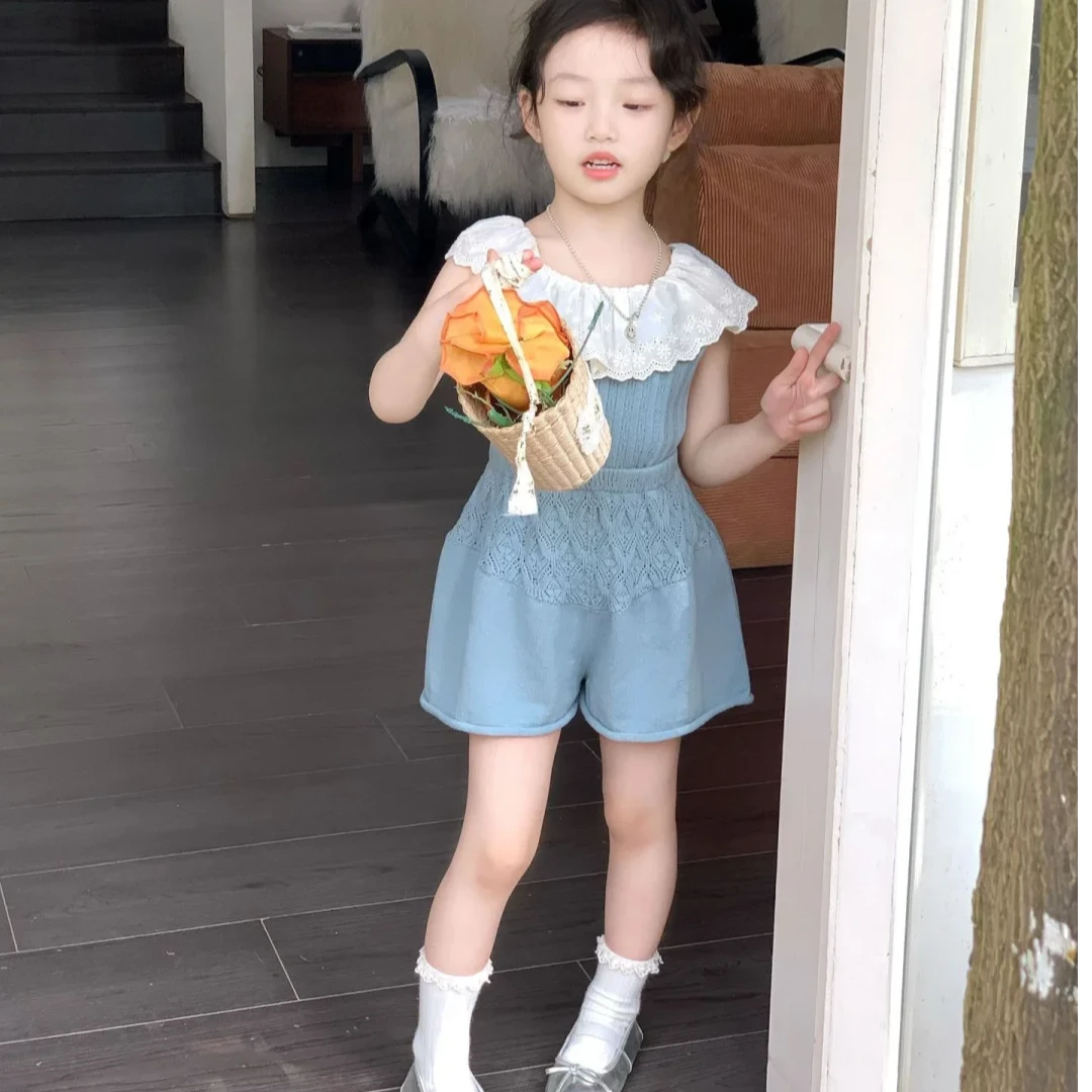 壹妈童装女童洋气穿搭2025夏季新款小女孩网红荷叶领针织背心短裤