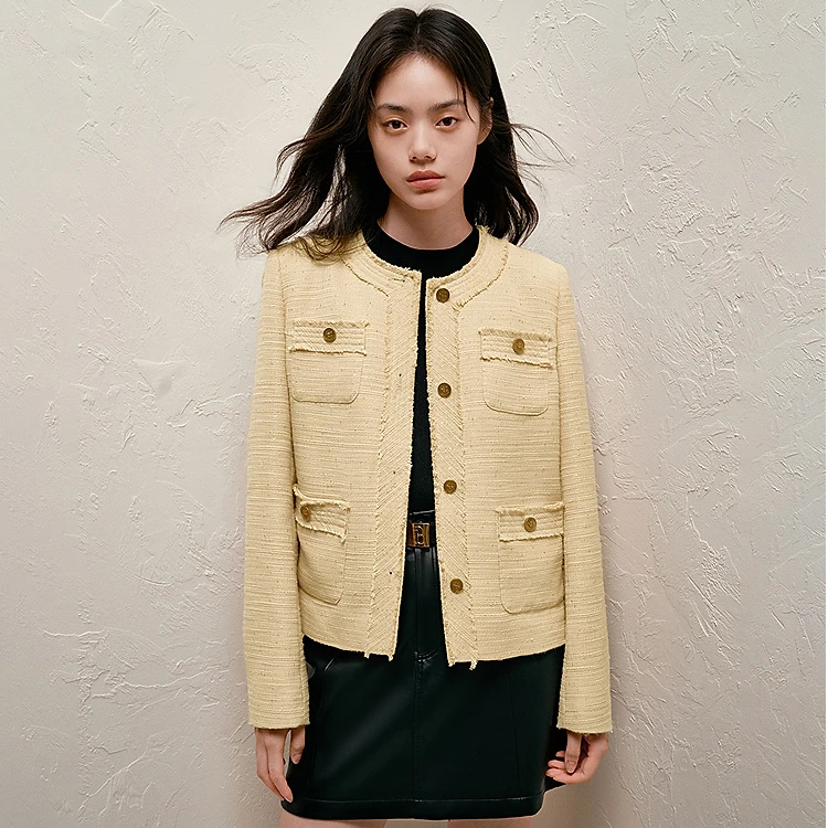 太平鸟邂逅珠片纱粗花呢四口袋小香风外套新款雅丹风A8BBE3405