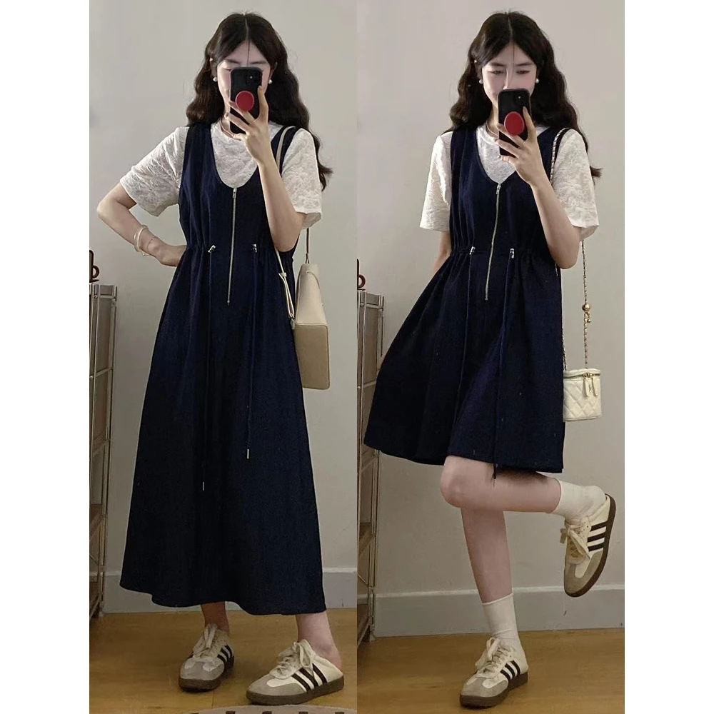 大码女装胖mm夏季新款设计感收腰显瘦法式连衣裙加T恤两件套