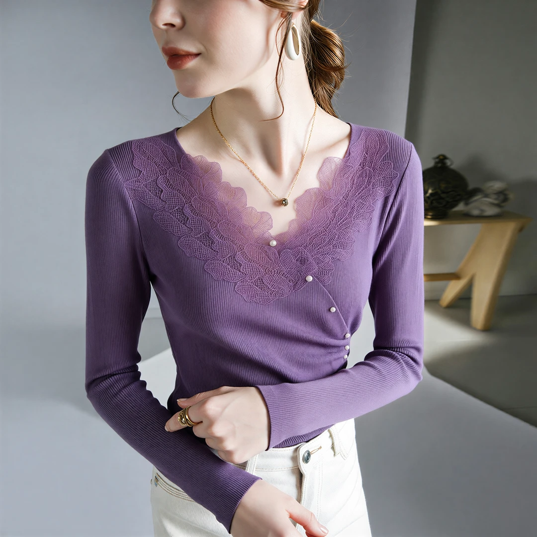 XS#冬季气质法式蕾丝v领长袖打底针织衫修身内搭减龄上衣A251H