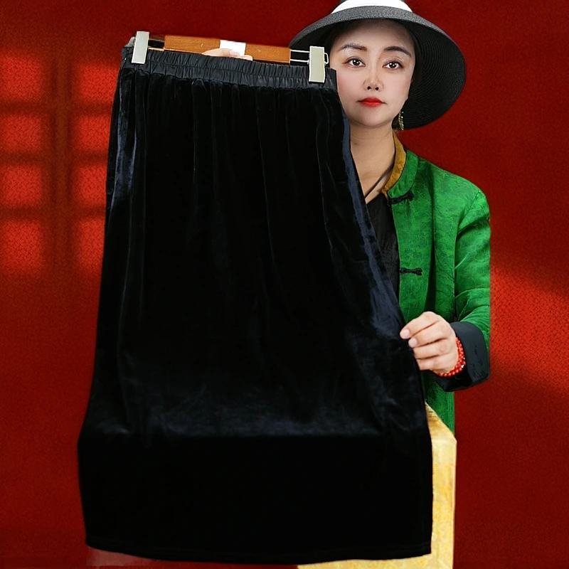 <<非遗美学>>100桑蚕丝真丝丝绒净版黑色显瘦气质高档半裙T1367