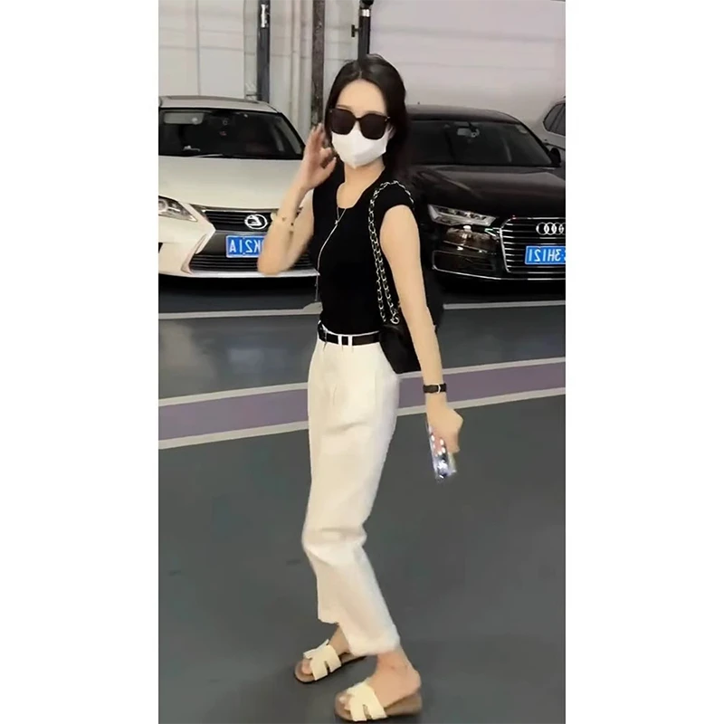 夏季网红时尚炸街减龄穿搭一整套黑色无袖T恤上衣休直筒裤套装