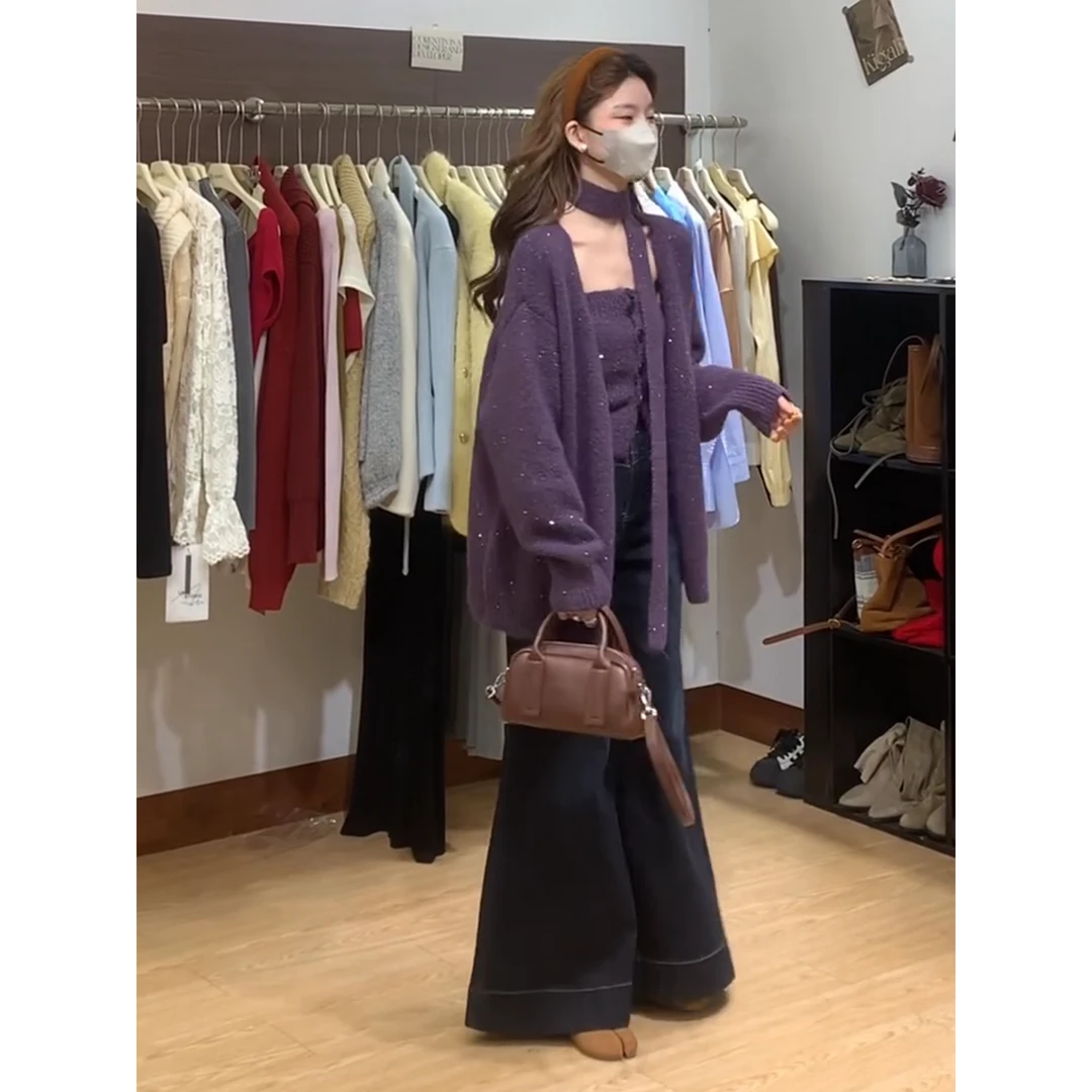 亮闪闪飘带软糯紫色毛衣牛仔裤套装女秋冬季休闲宽松慵懒风两件套