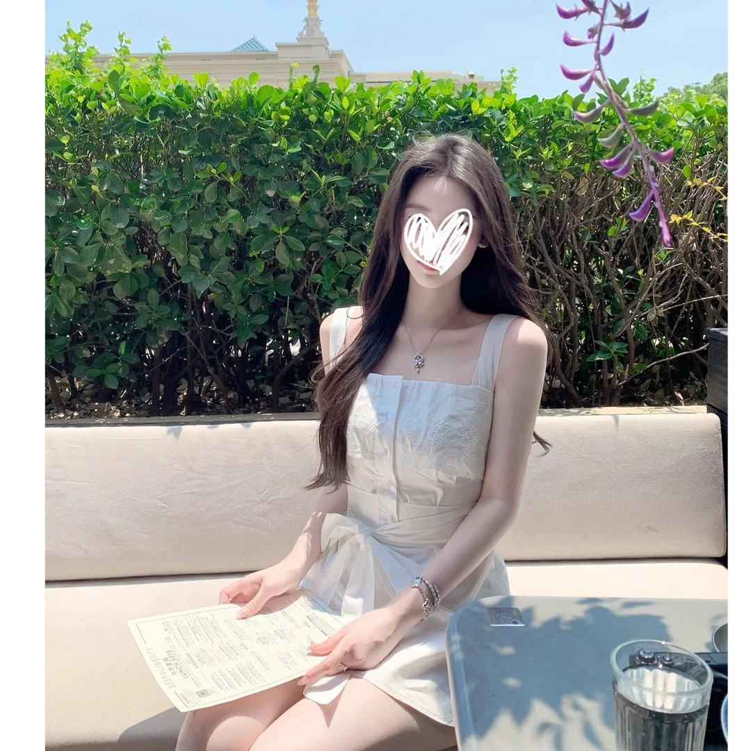 栀子淡香 少女情怀清纯感 纯棉小白花吊带连衣裙修身收腰短裙夏季