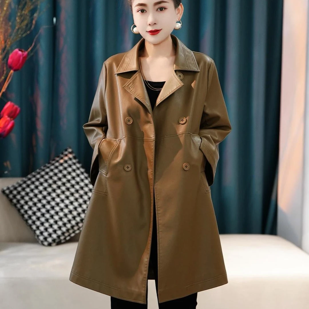 6601韩版时尚女士气质真皮中长款大码皮衣外套