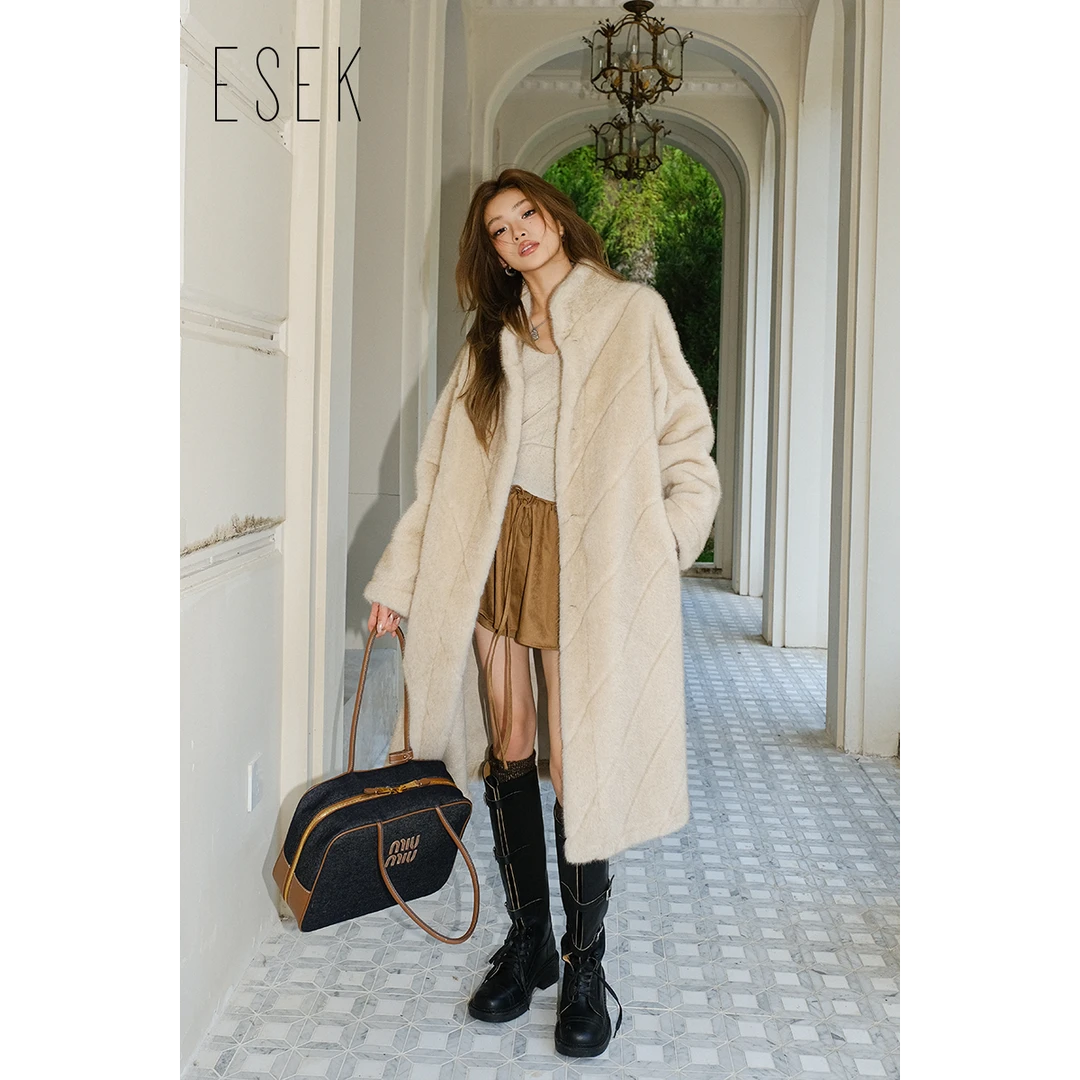 【预售】ESEK 复古风长款过膝女冬宽松保暖百搭毛呢大衣