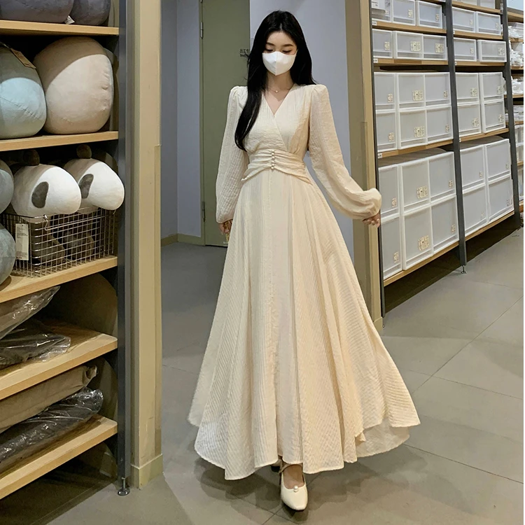 大码女装法式优雅V领长袖收腰显瘦连衣裙时尚胖MM气质A字长裙仙子