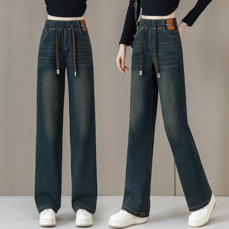 2025年高腰牛仔裤女松紧腰春季胖妹妹宽松显瘦阔腿牛仔大码百搭