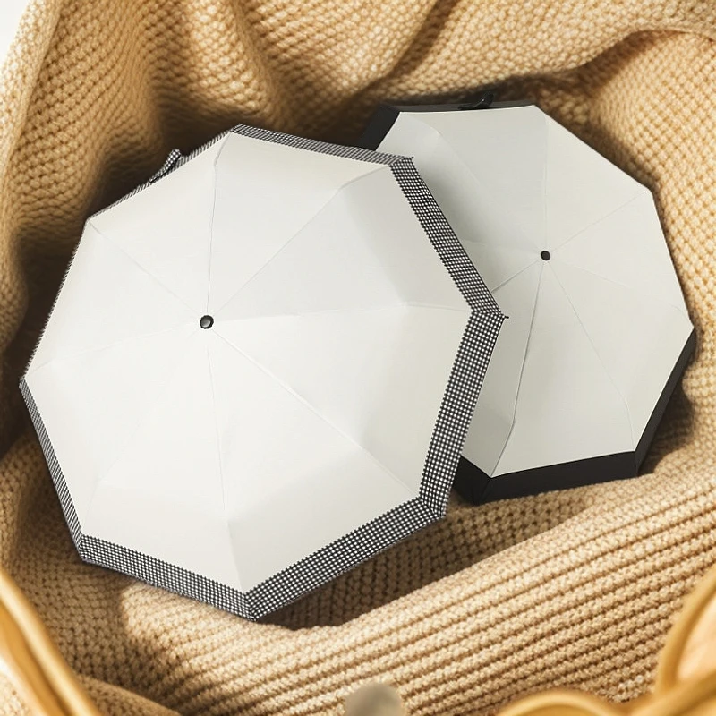 格子三折雨伞晴雨两用仿木手柄ins风太阳伞防晒结实抗风简约遮阳