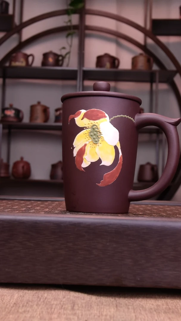茶杯紫砂手工泥绘荷花可乐杯350-400CC容量