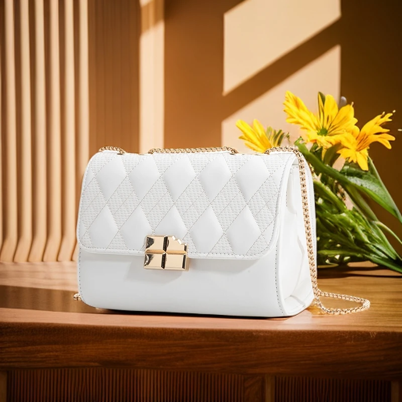 时尚简约百搭单肩包巧克力链条包通勤小方包小众斜挎包907白色