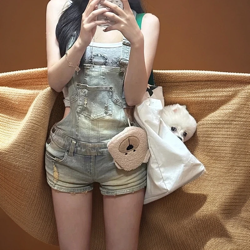 直筒美式显瘦做旧水洗破洞牛仔背带短裤女高腰修身复古包臀紧身