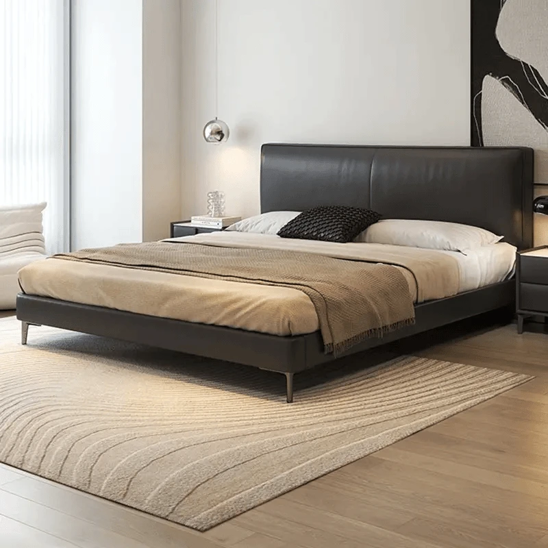 黑色高脚齐边床意式极简真皮床现代简约主卧室双人小户型软包