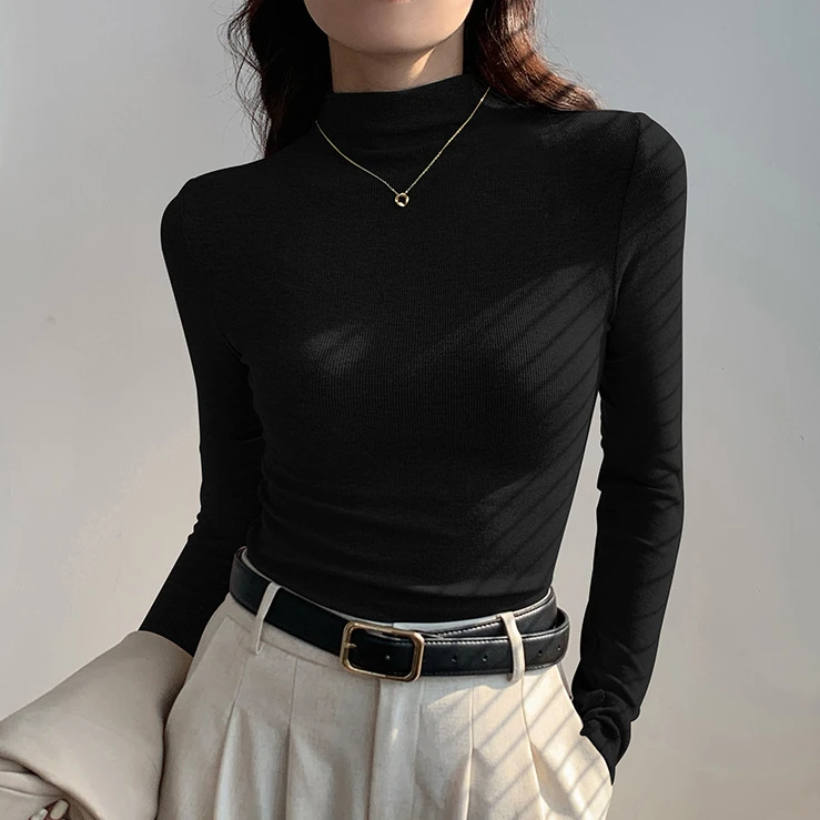 女士中领打底衫T恤秋冬新款黑色长袖上衣螺纹贴身半高领t恤秋季