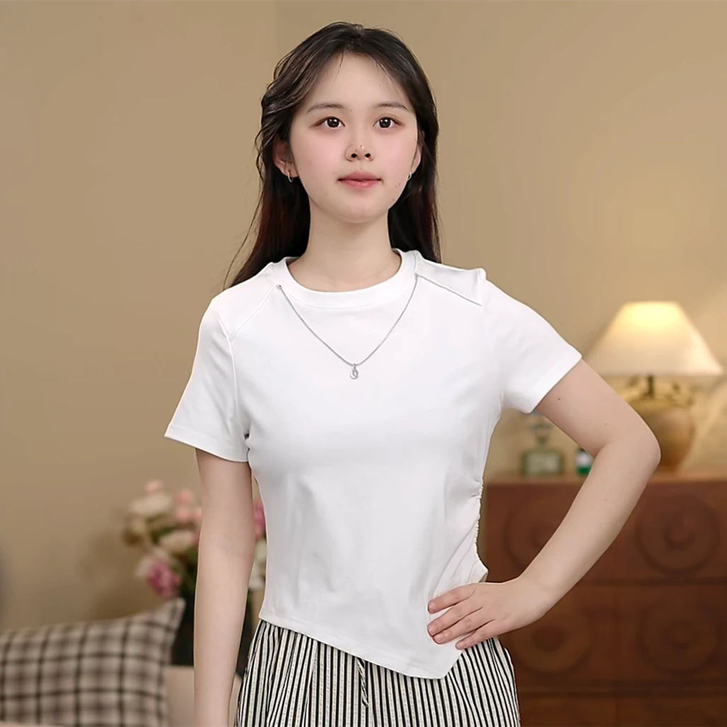 夏季气质修身不规则下摆圆领百搭设计感T恤