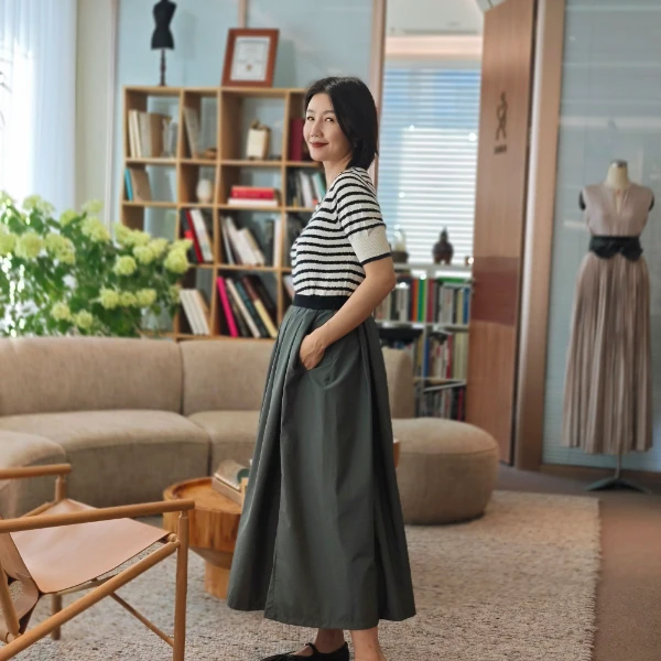 WANG RAN高智感Miu风织带腰百褶半裙