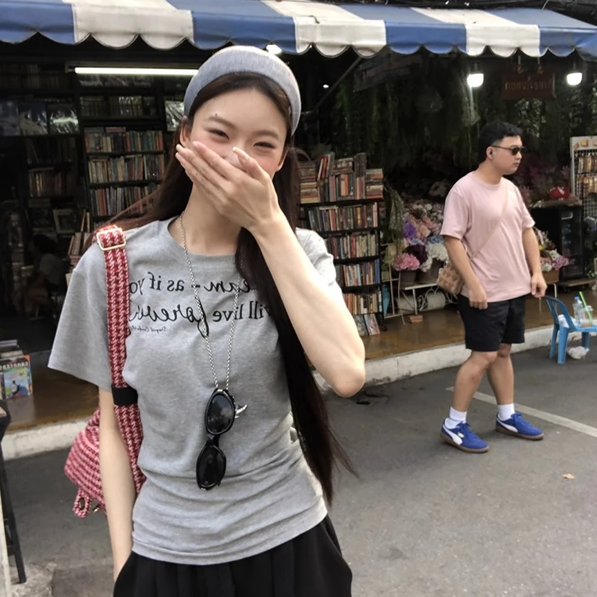 潮牌美式复古灰色印花圆领纯棉短袖t恤女2025年夏季新款宽松上衣