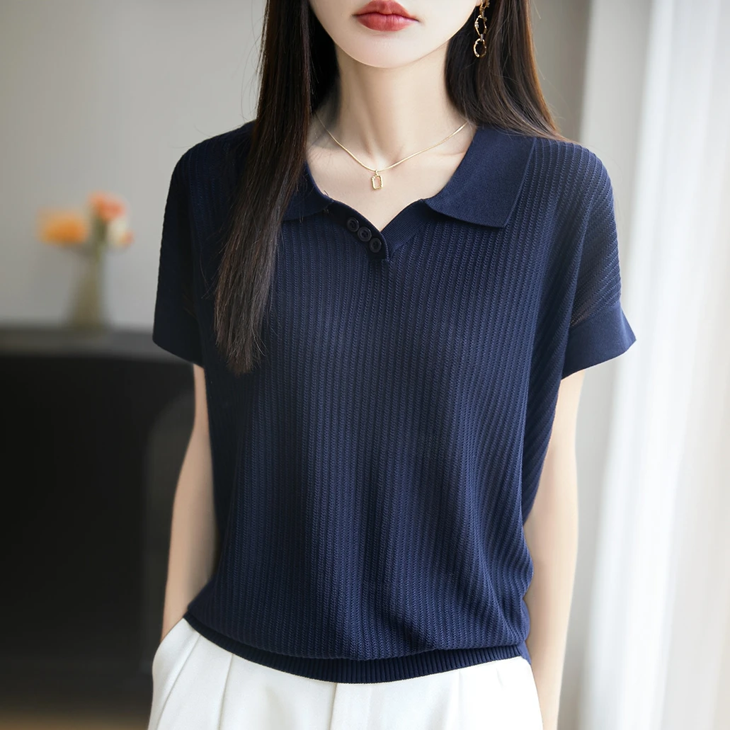正品夏季新款针织衫女短袖T恤女洋气显瘦时尚翻领上衣