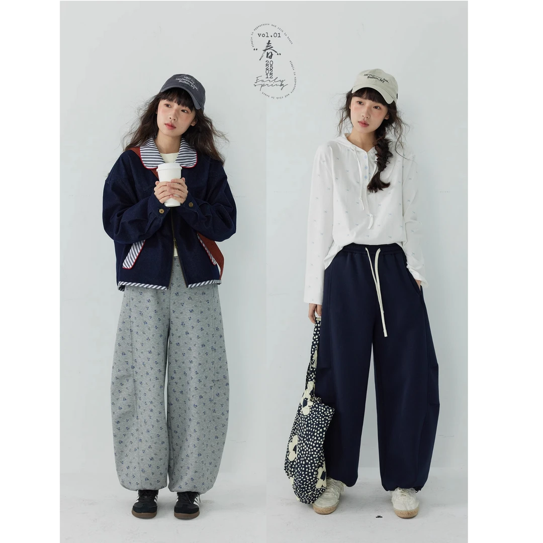 「白描工作间」"春日回应"松紧腰捏褶弯刀休闲裤阔腿运动裤卫裤女