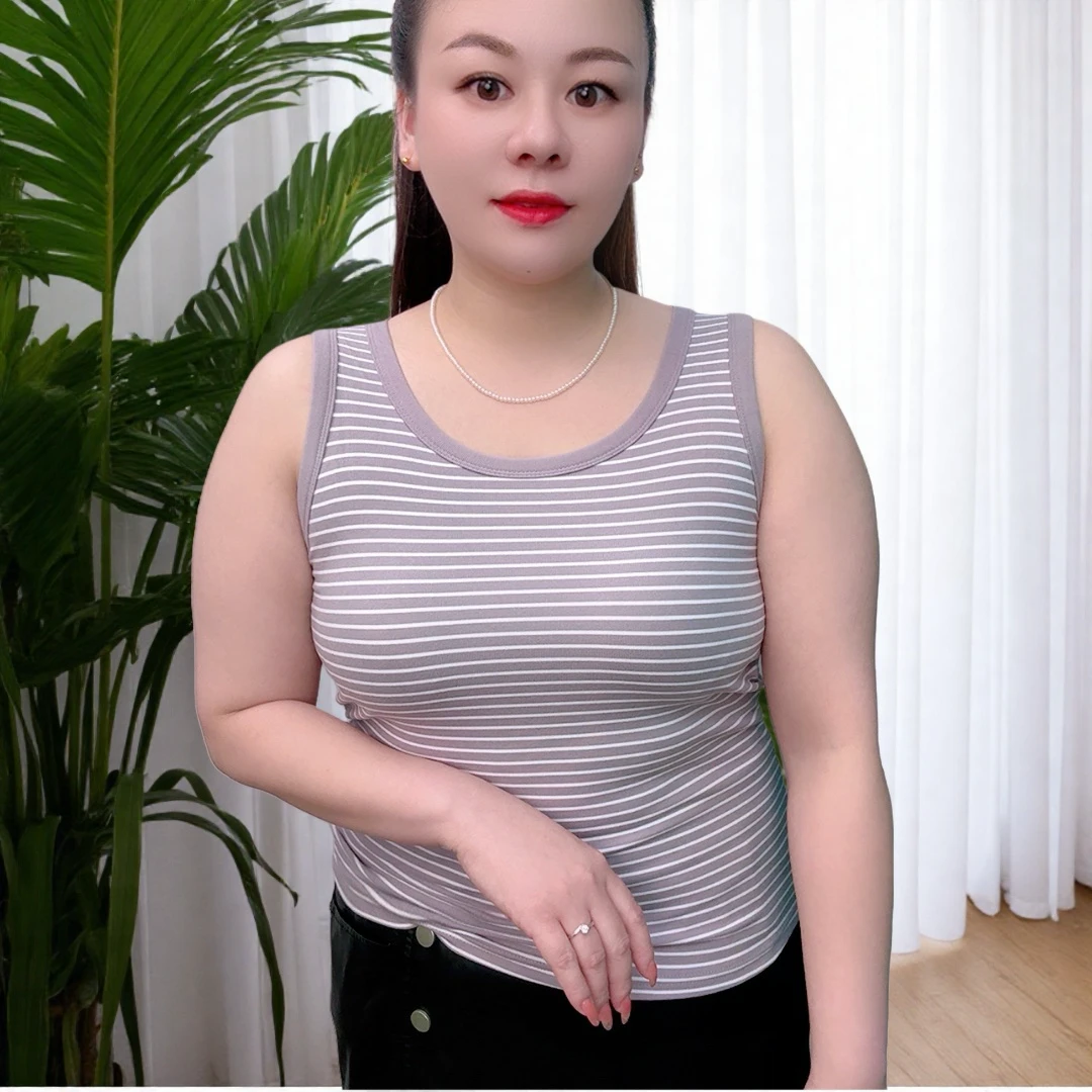 秋冬简约甜美修身条纹一片式背心吊带运动女士大码无袖圆领细条纹