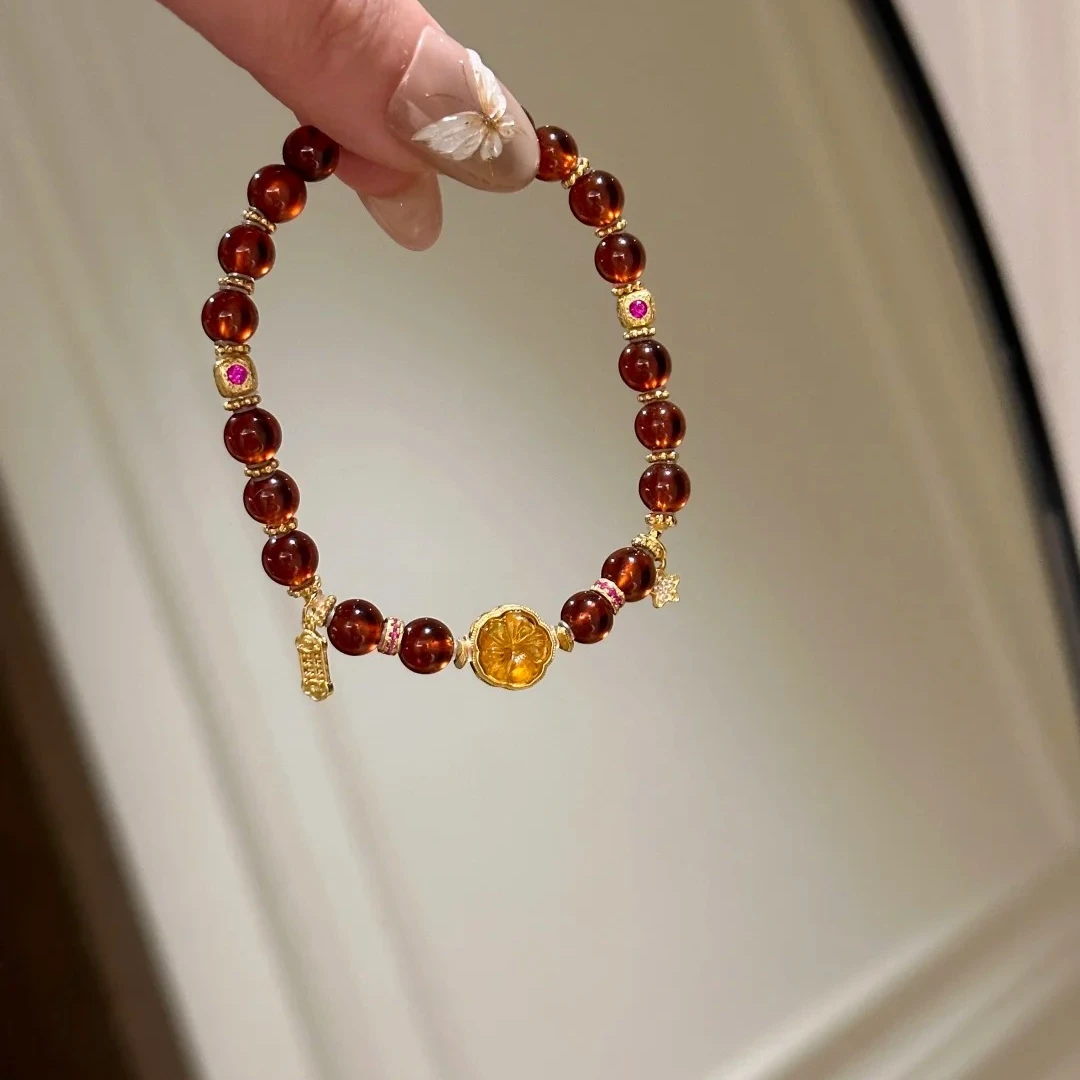 925银手链 石榴点金重工金色大气百搭小众ins单圈轻奢复古红色