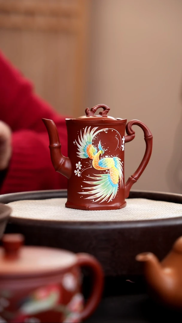 【闪购商品】紫砂茶壶大红袍高竹节壶泥绘孔雀
