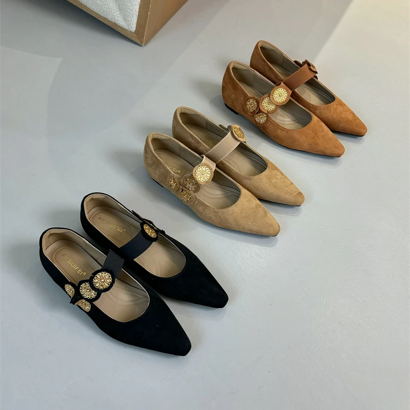 修面皮四季通用平底单鞋低跟浅口尖头外穿百搭一字式扣带玛丽珍鞋