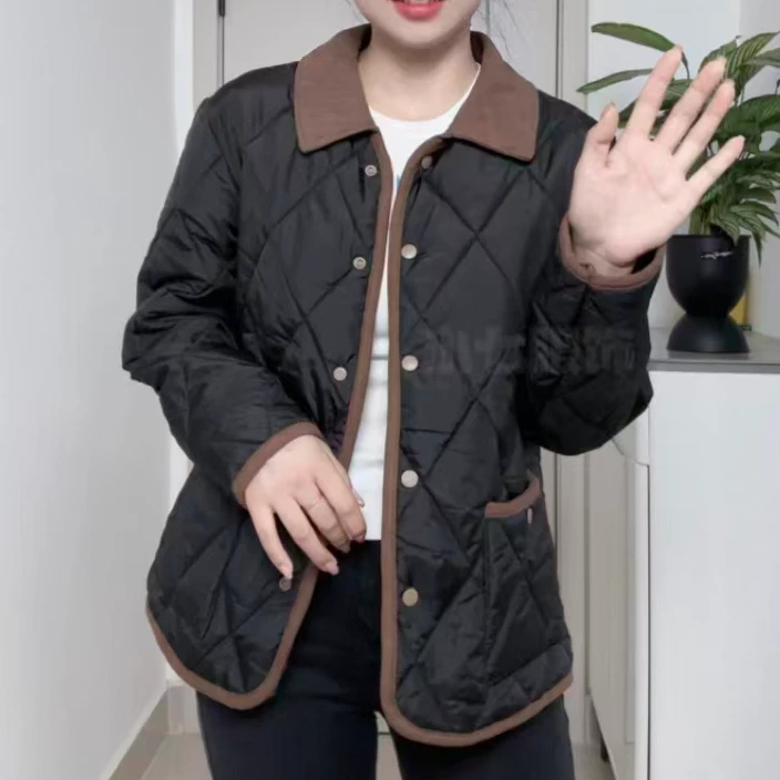 薄款翻领短款显瘦棉服棉衣韩版秋冬菱格休闲百搭棉外套[条绒领]