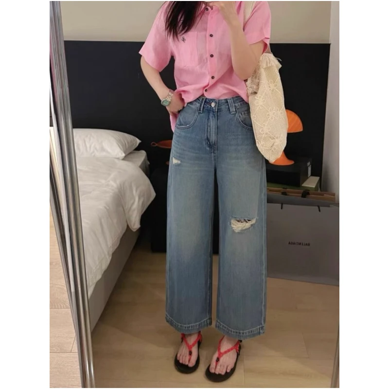 夏季薄款遮胯显瘦破洞凉感裤~小个子中高腰直筒九分薄款牛仔裤