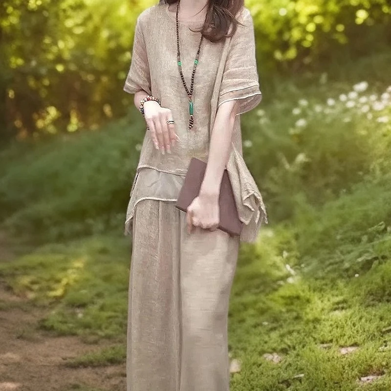 文艺复古套装女2025年新款夏季新民族风宽松显瘦遮肚气质两件套女