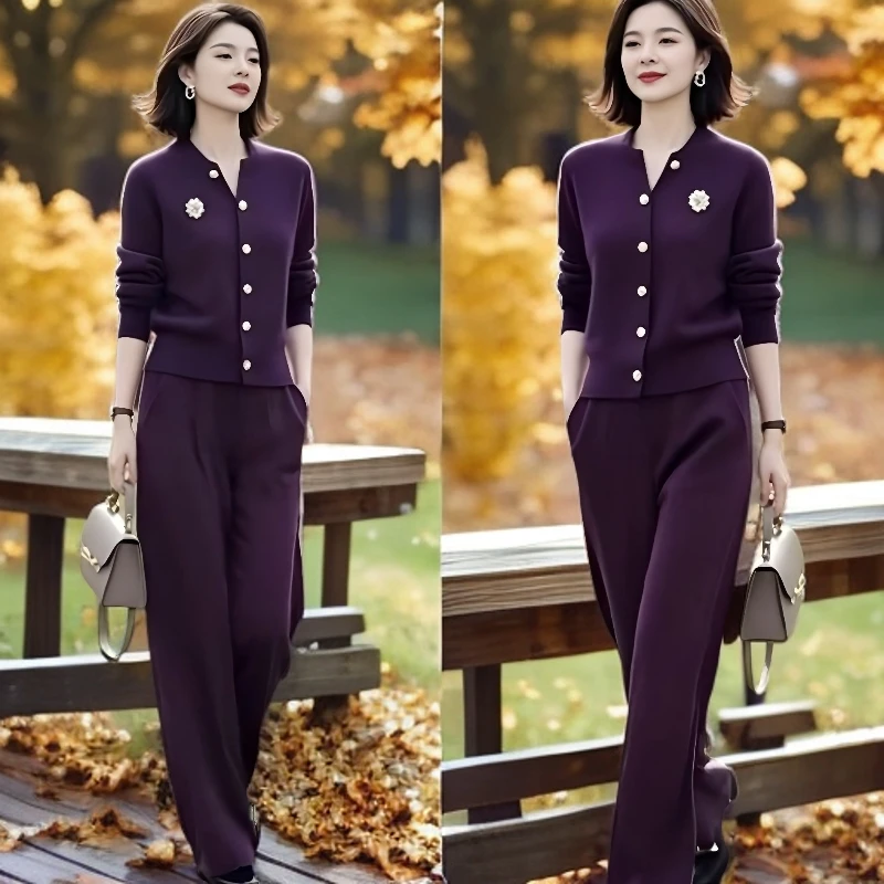 时尚气长袖质两件套女装2025秋冬新款气质毛衣开衫松紧腰裤子套装