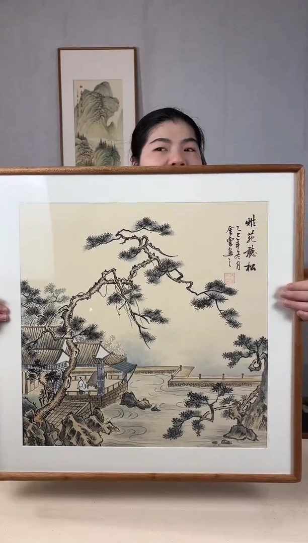 国画手绘*雅苑听松*62*62cm发黑胡桃色框*介意勿拍