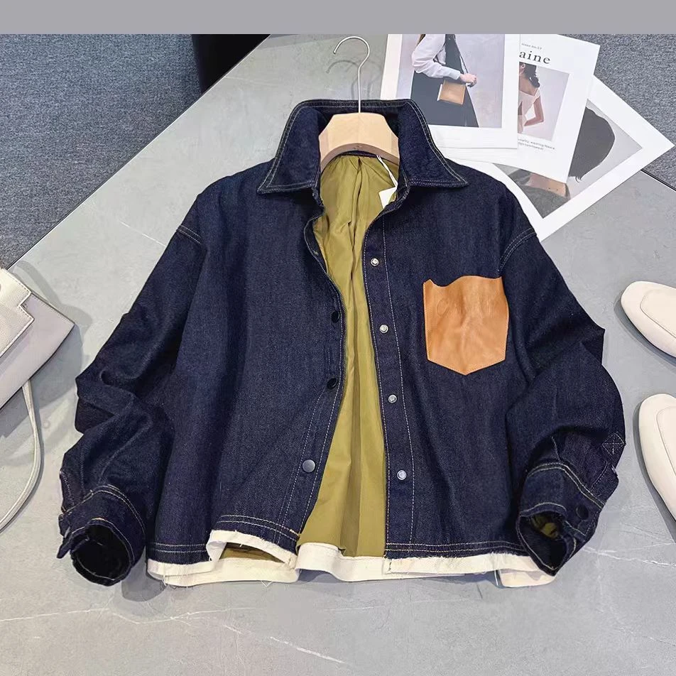 男女同款韩版长袖拼接夹克秋季牛仔时尚百搭宽松港风春秋拼色