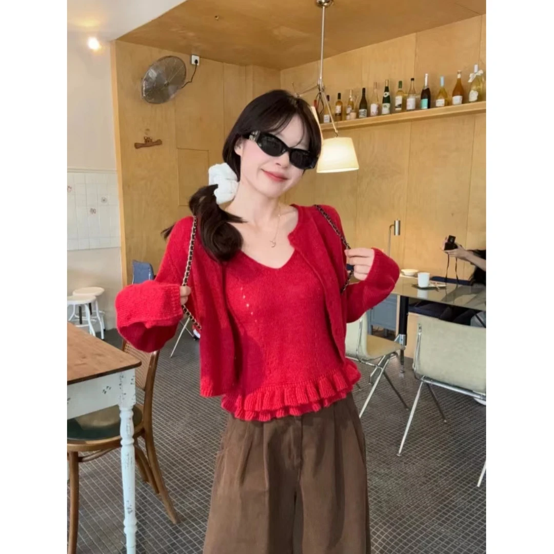 韩系秋小众百搭木耳边吊带+长袖单排扣开衫两件套套装88833#0.12