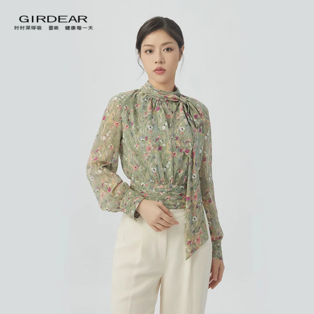 GIRDEAR/哥弟冬季新款法式优雅复古印花飘带长袖衬衫1300934