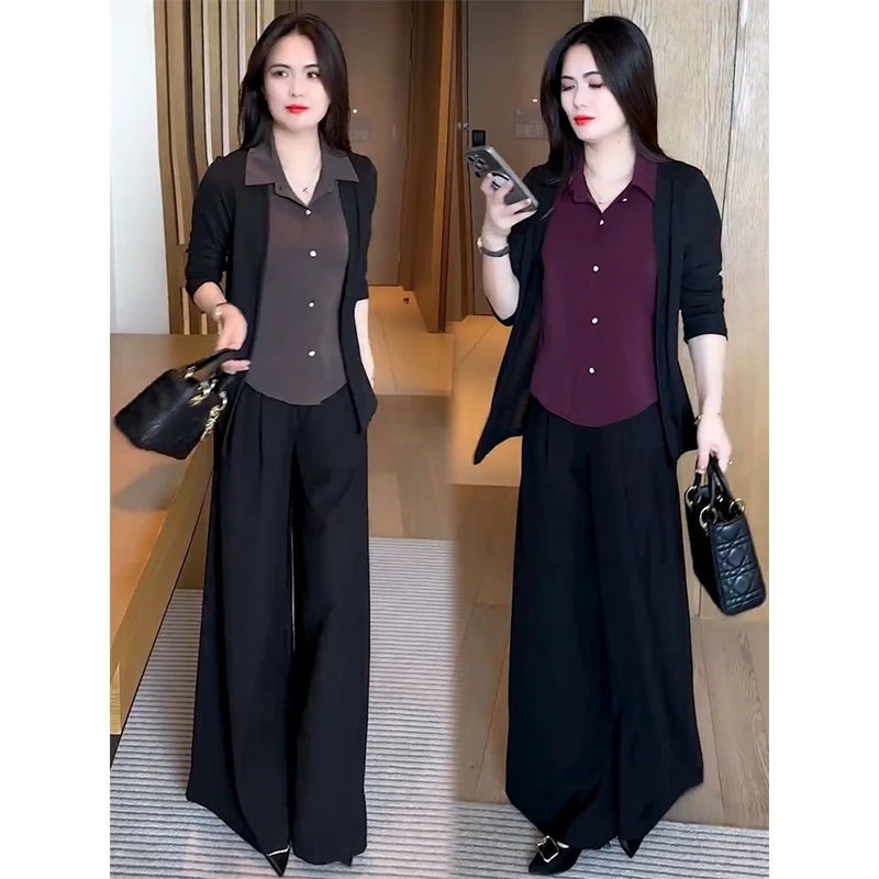 La babite时尚套装女2025秋季新款洋气假两件衬衫阔腿裤两件套