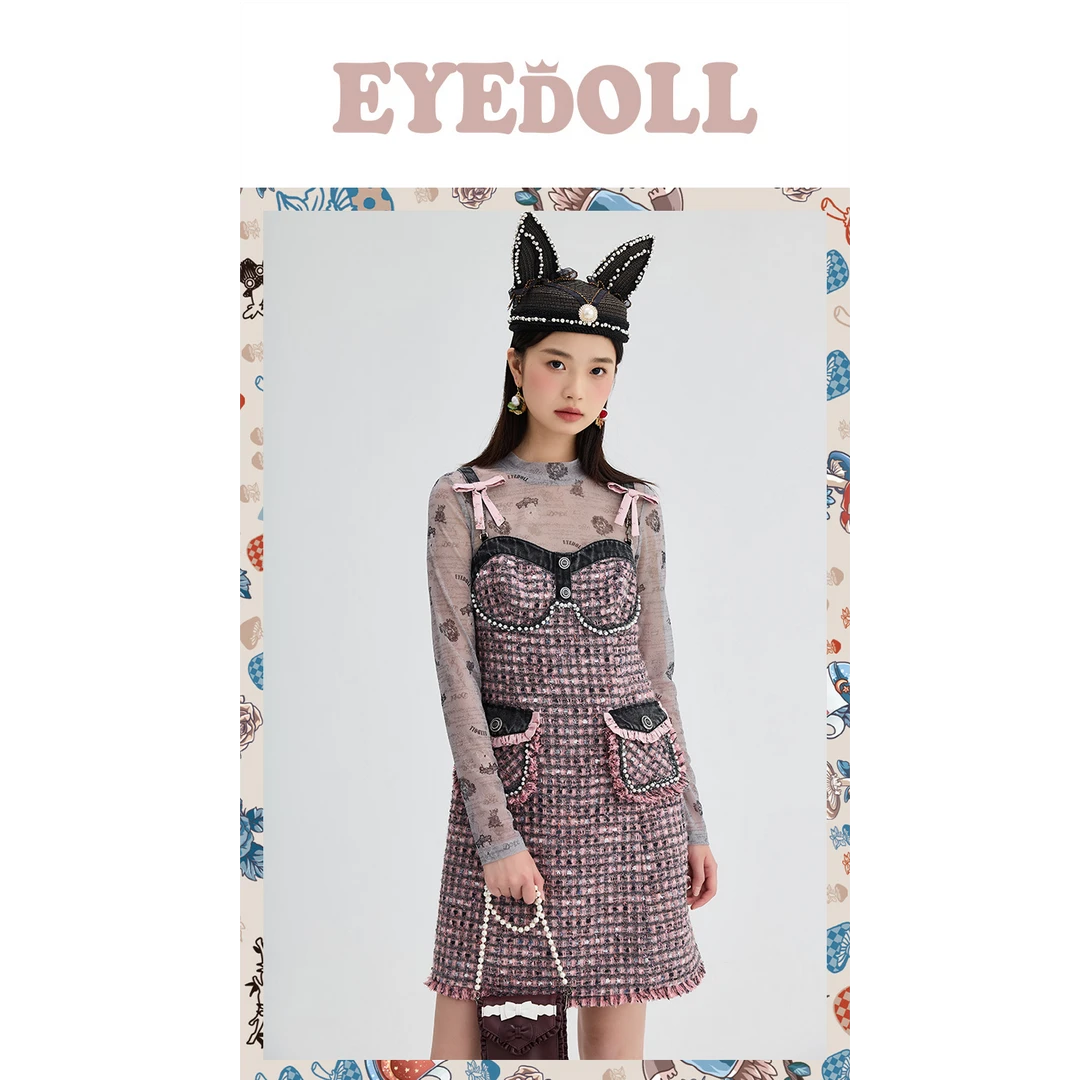 【小呆鸟专属】EYEDOLL法式小香风格子收腰A字吊带蝴蝶结连衣裙