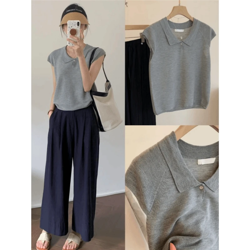 灰色飞飞袖小个子洋气冰丝小翻领短款正肩t恤女夏季小众短袖上衣