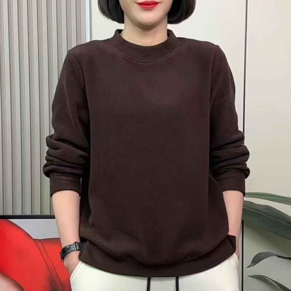 冬季加绒加厚德容圆领打底衫宽松休闲显瘦百搭大码下摆开叉保暖衣