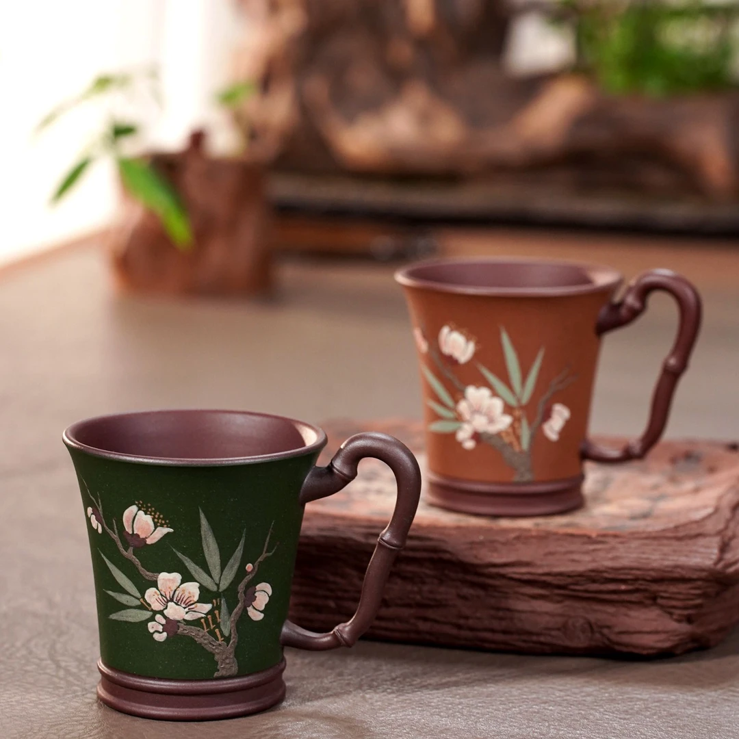 紫砂杯品茗杯手工带把竹节泥绘梅花主人杯紫泥粉浆大号功夫单杯