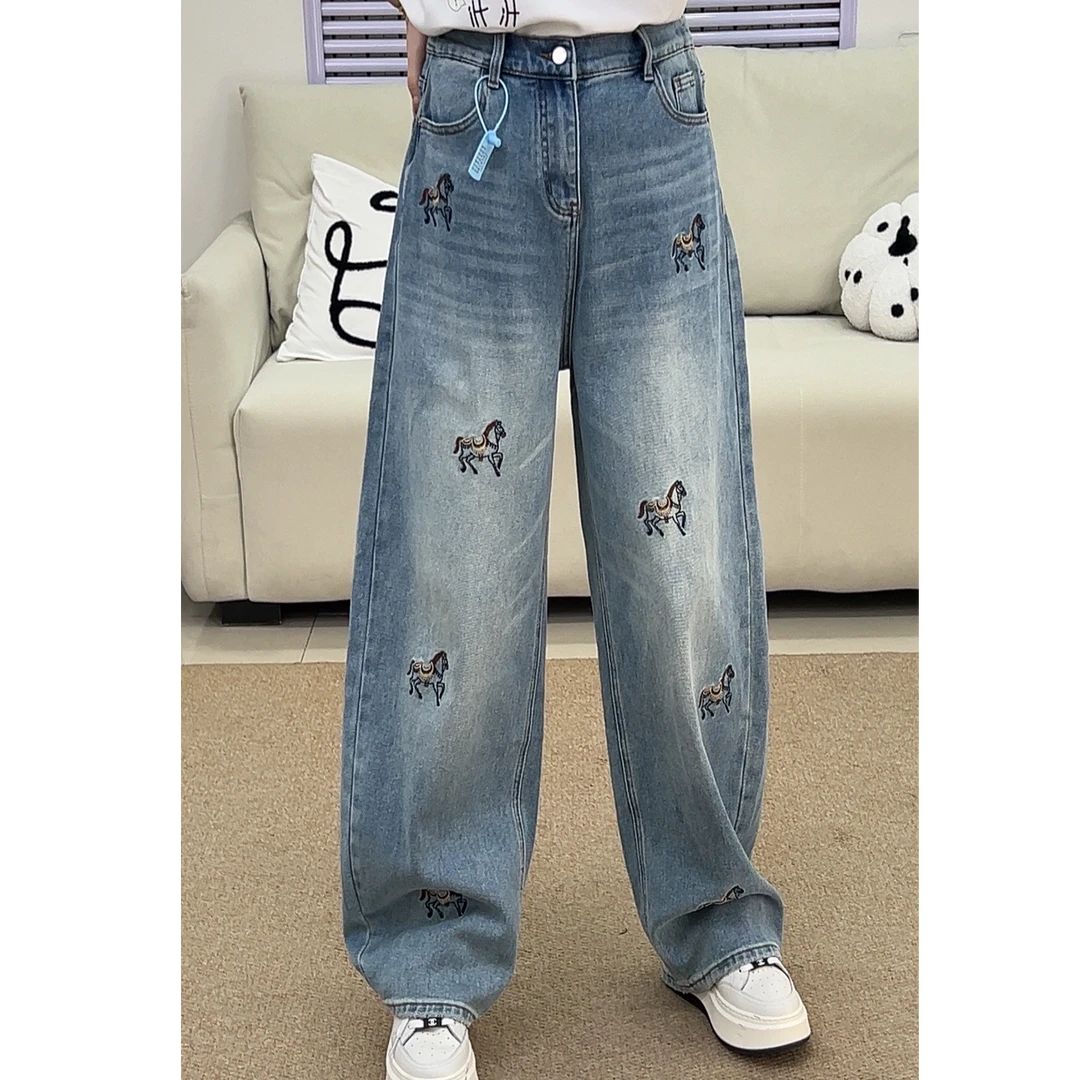 {流依涵}88826春季大码女装百搭显瘦小马刺绣标弯刀裤