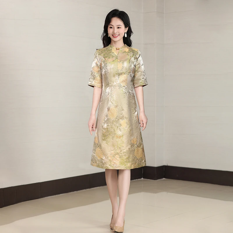 25L0369宋锦连衣裙桑蚕丝喜婆婆婚宴装2025秋季新款真丝妈妈礼服