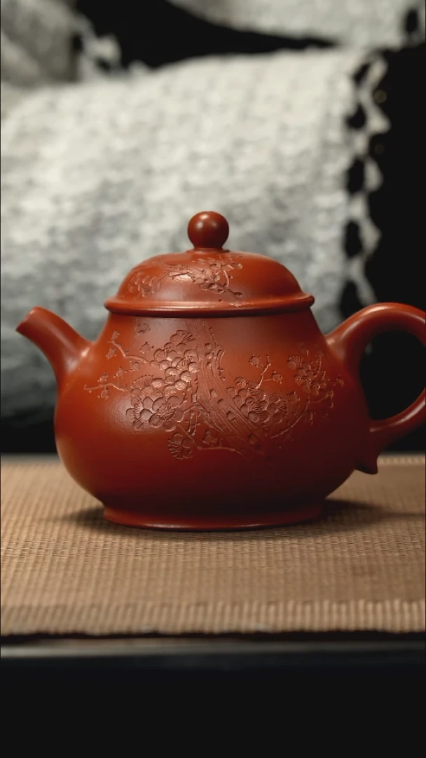 紫砂茶盏朱泥刻绘梅花高攀160CC