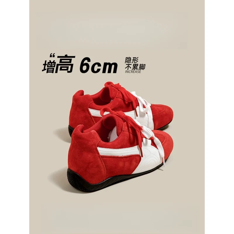 真皮复古红色系带内增高6cm德训鞋女冬季新款运动休闲阿甘鞋鞋子